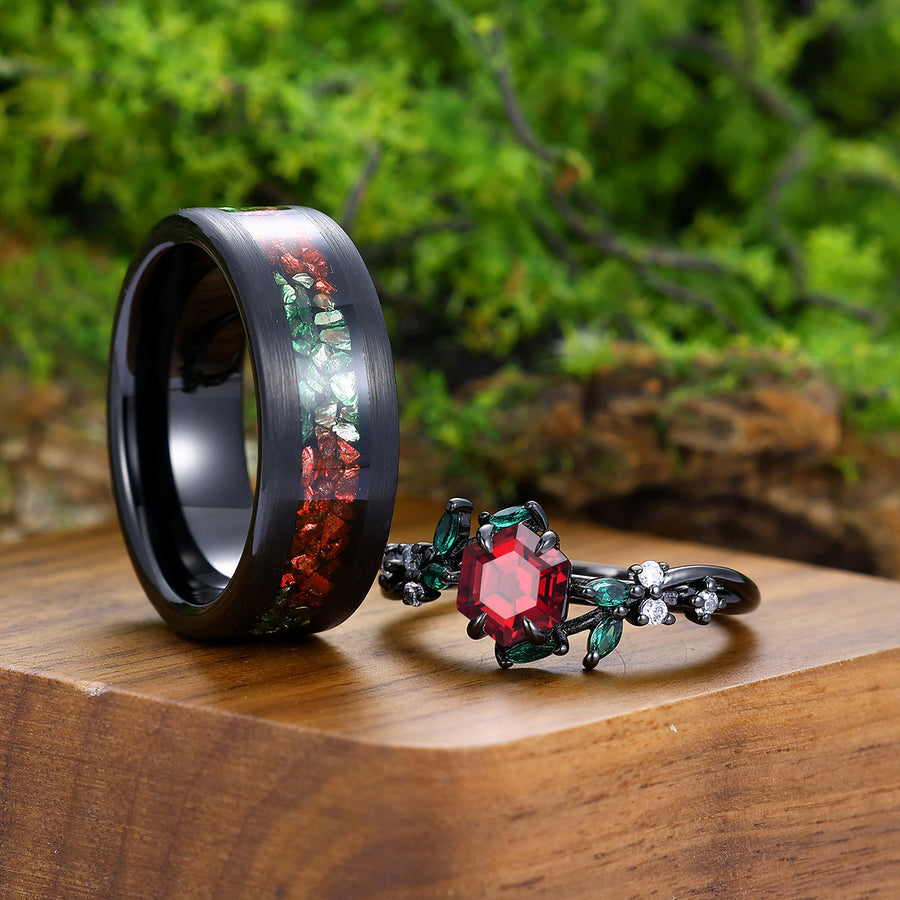 Dainty Sprig Red Garnet With Emerald Inlay Engagement Couple Rings Promise Tungsten Rings For Couples -  Esdomera.com