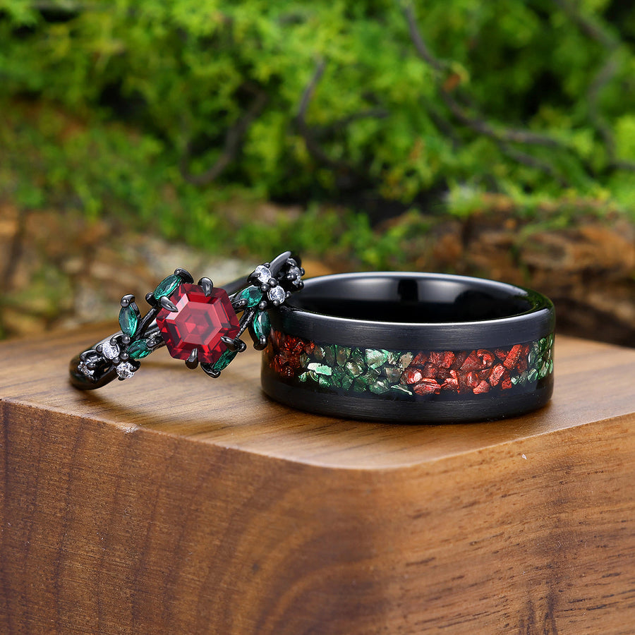 Dainty Sprig Red Garnet With Emerald Inlay Engagement Couple Rings Promise Tungsten Rings For Couples -  Esdomera.com