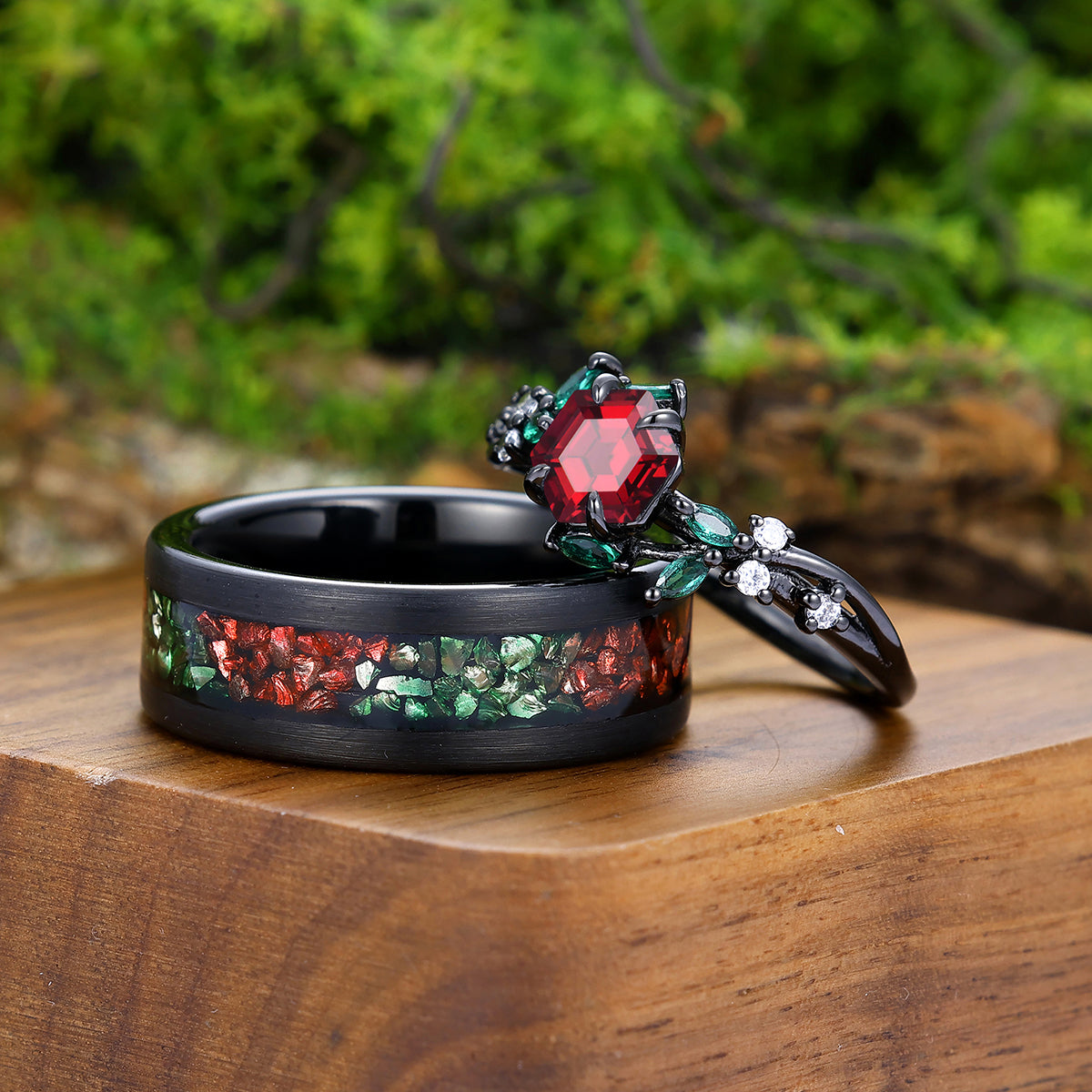 Dainty Sprig Red Garnet With Emerald Inlay Engagement Couple Rings