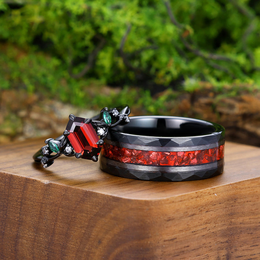 Fascinating Long Hexagon Red Garnet Leaf Engagement Couple Rings Matching Tungsten His and Hers Wedding Band -  Esdomera.com