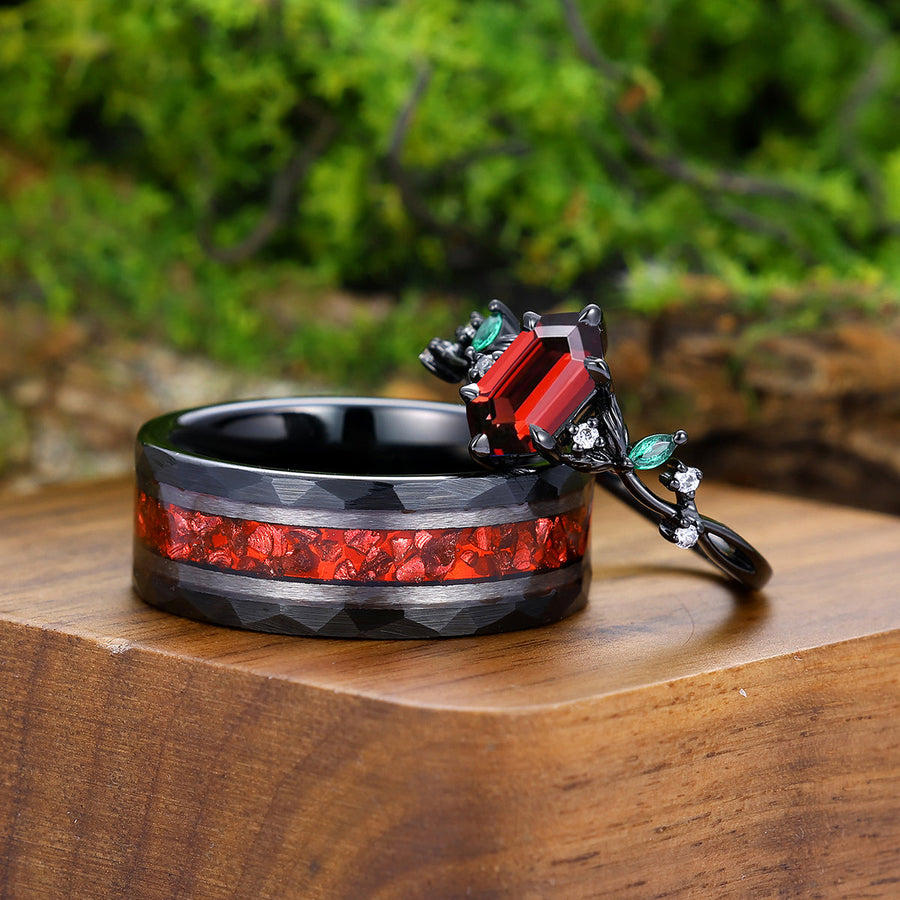 Fascinating Long Hexagon Red Garnet Leaf Engagement Couple Rings Matching Tungsten His and Hers Wedding Band -  Esdomera.com