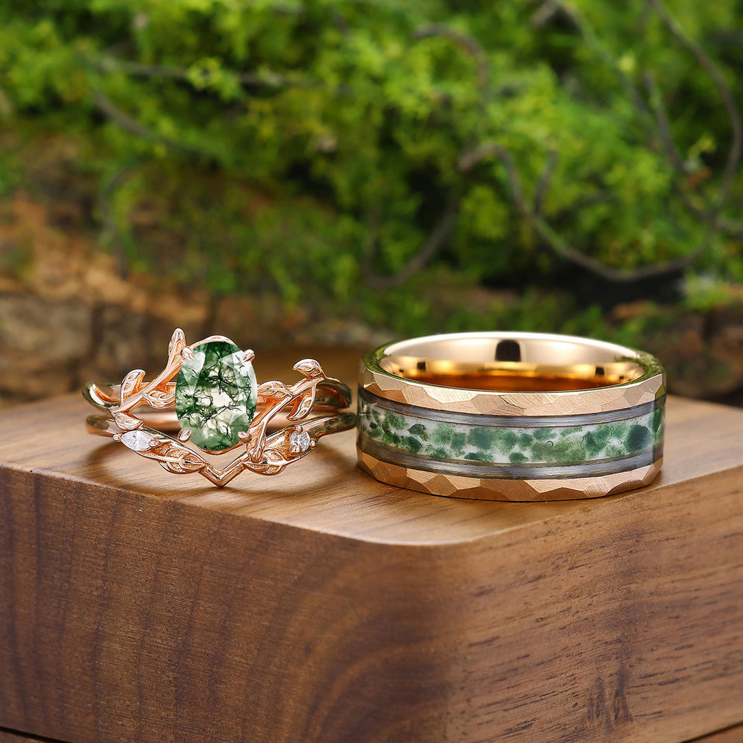 Romantic Moss Agate Leaves Engagement Couple Rings Set Green