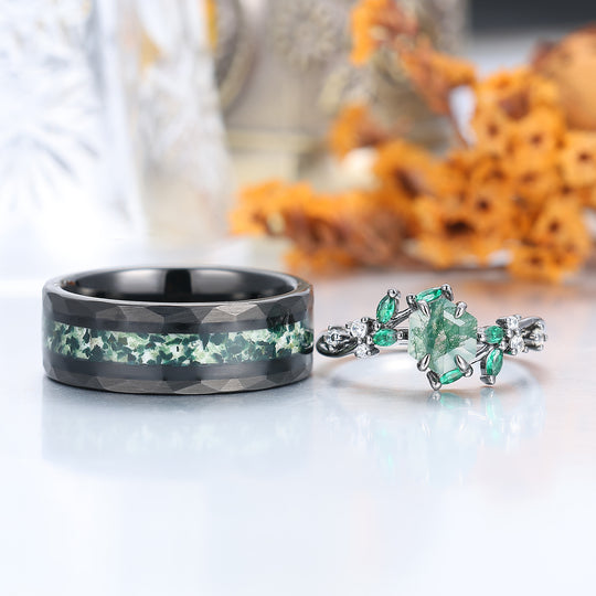 Artsy Branch Leaf Natural Moss Agate Couples Ring Green Matching Ring For Women and Men -  Esdomera.com