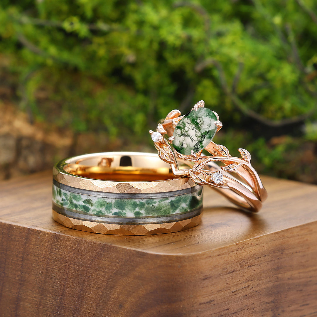 Romantic Moss Agate Leaves Engagement Couple Rings Set Green Matching Promise Rings Wedding Bands