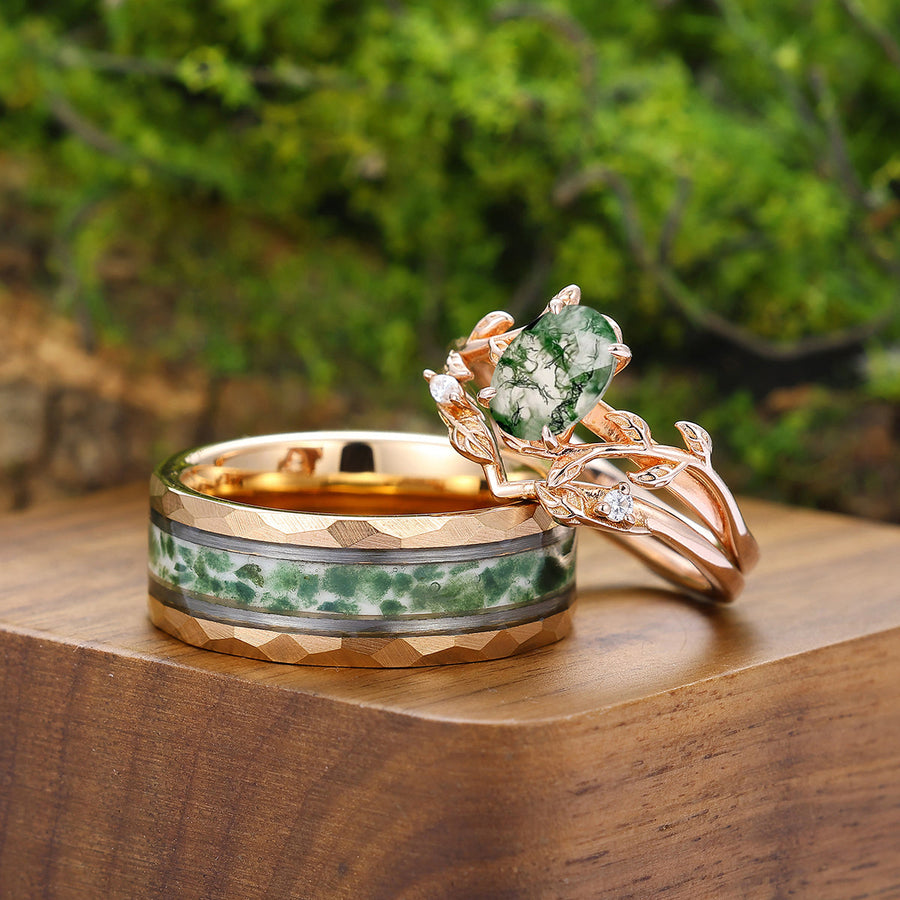 Romantic Moss Agate Leaves Engagement Couple Rings Set Green Matching Promise Rings Wedding Bands -  Esdomera.com