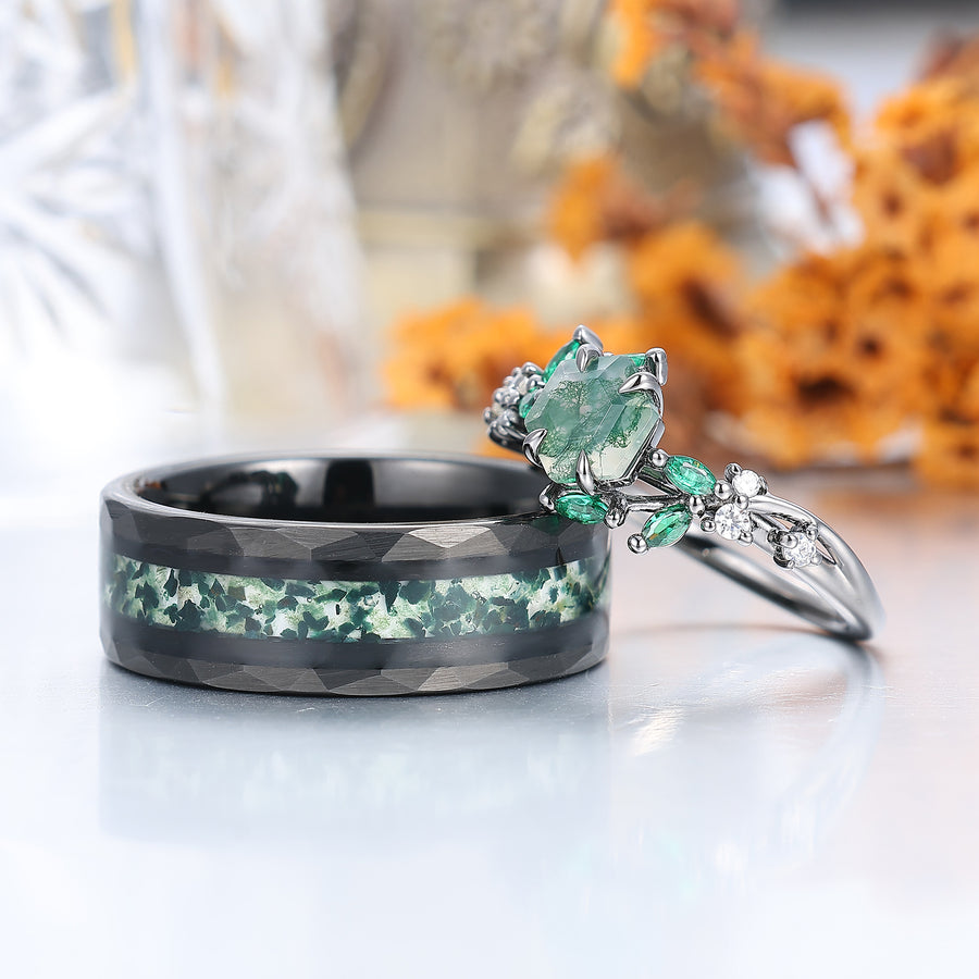 Artsy Branch Leaf Natural Moss Agate Couples Ring Green Matching Ring For Women and Men -  Esdomera.com
