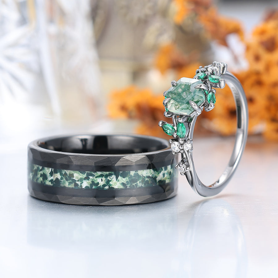 Artsy Branch Leaf Natural Moss Agate Couples Ring Green Matching Ring For Women and Men -  Esdomera.com