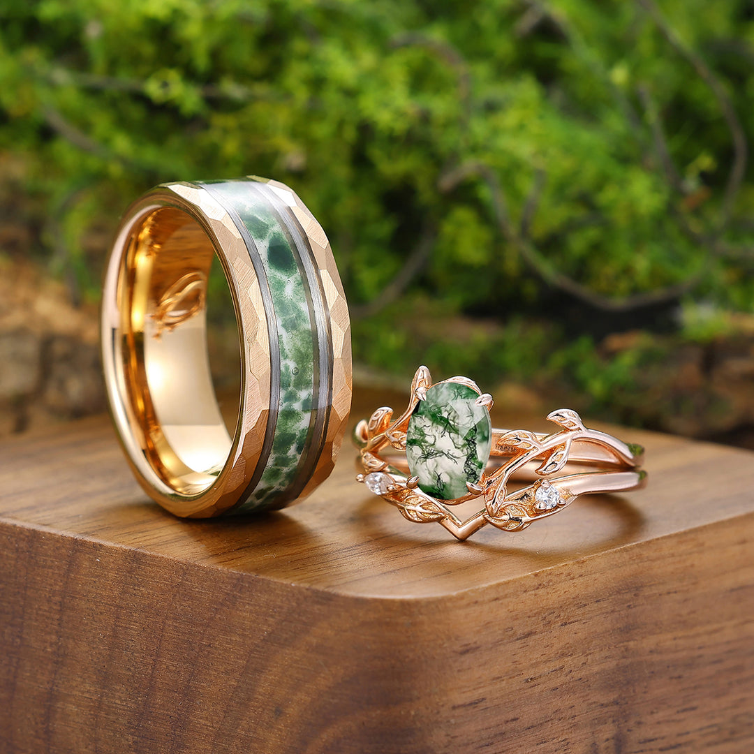 Romantic Moss Agate Leaves Engagement Couple Rings Set Green Matching Promise Rings Wedding Bands