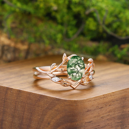 Romantic Moss Agate Leaves Engagement Couple Rings Set Green Matching Promise Rings Wedding Bands