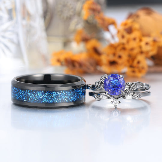 Glittering Blue Galaxy Sandstone Engagement Couple Rings Promise Black Wedding Ring For Men And Women -  Esdomera.com