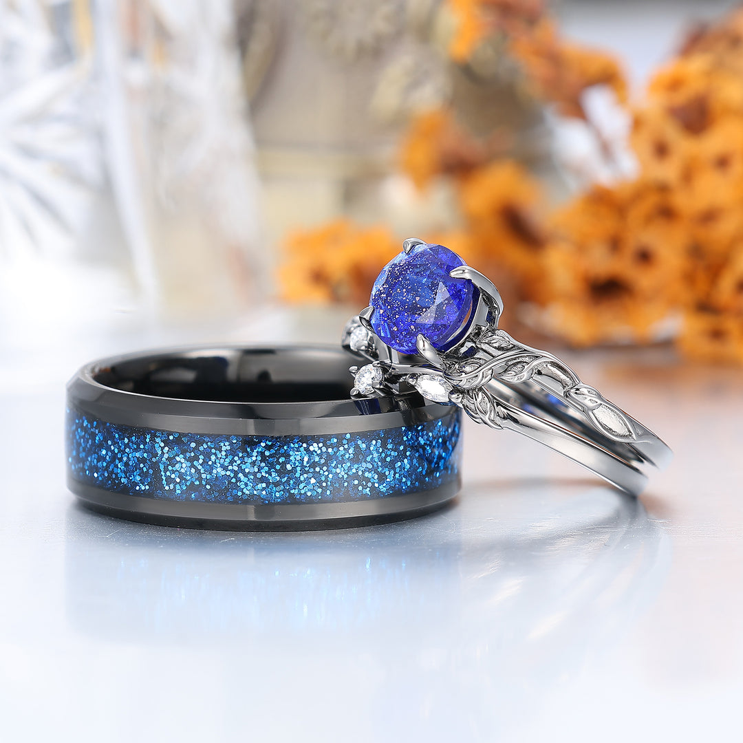 Glittering Blue Galaxy Sandstone Engagement Couple Rings Promise Black Wedding Ring For Men And Women -  Esdomera.com
