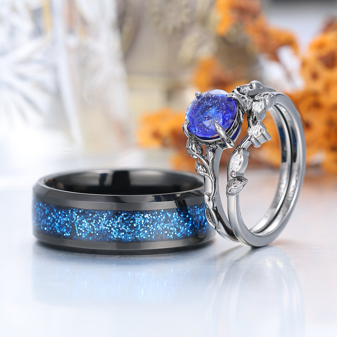 Glittering Blue Galaxy Sandstone Engagement Couple Rings Promise Black Wedding Ring For Men And Women -  Esdomera.com