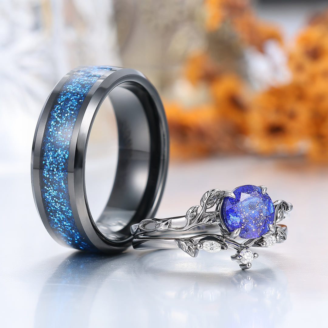 Glittering Blue Galaxy Sandstone Engagement Couple Rings Promise Black Wedding Ring For Men And Women -  Esdomera.com