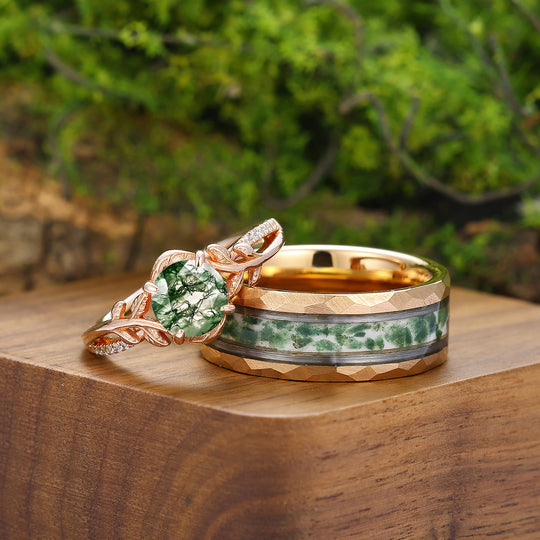 Classic Moss Agate Chestnut Engagement Couple Rings Rose Gold Matching Promise Wedding Bands