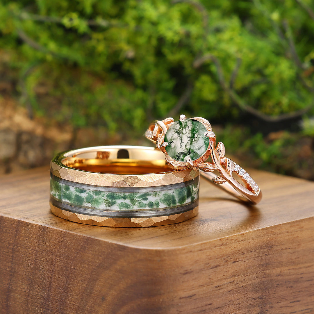 Classic Moss Agate Chestnut Engagement Couple Rings Rose Gold Matching Promise Wedding Bands