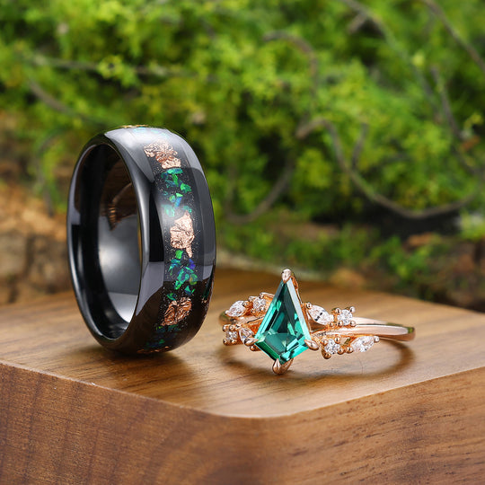 Dainty Green Emerald Cluster Engagement Couple Rings Matching Tungsten His And Hers Wedding Bands