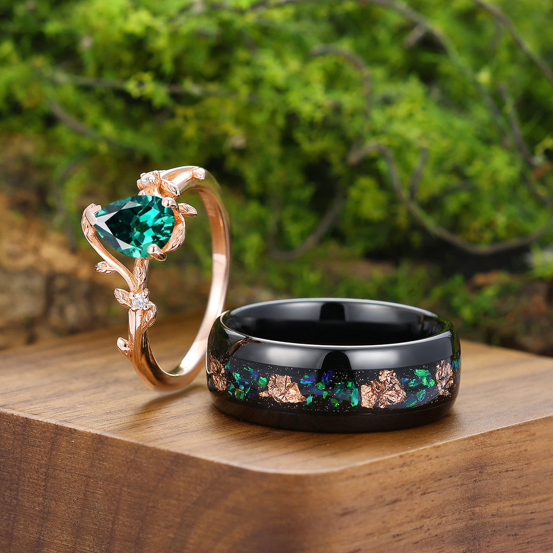 Classic Pear Emerald Leaves Vines Engagement Couple Rings Wedding Bands For Men And Women