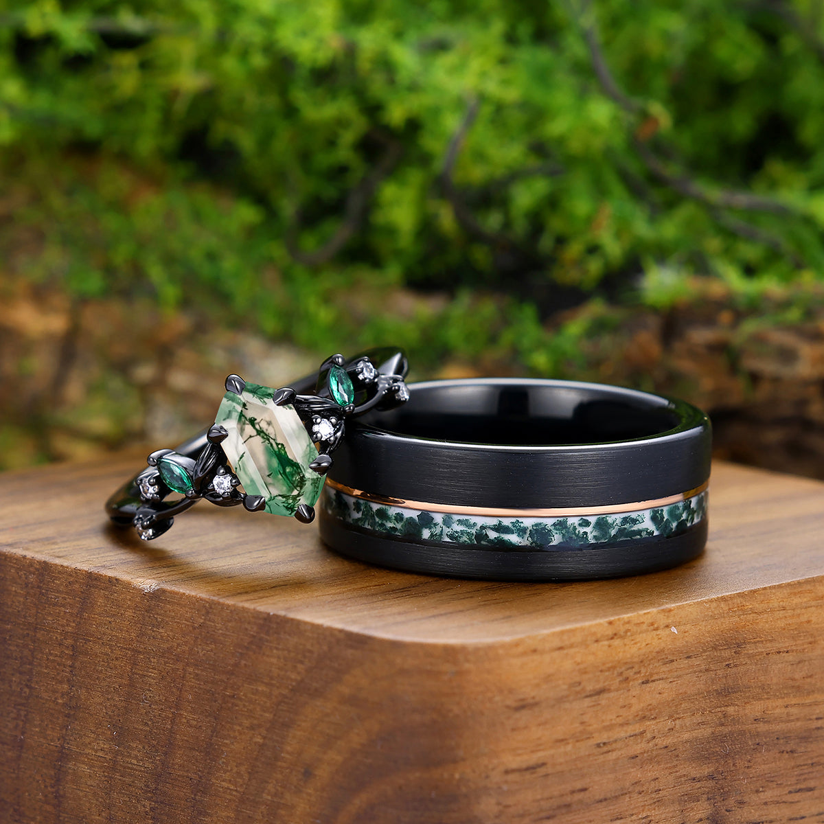 Unique Long Hexagon Moss Agate Leafy Twig Engagement Couple Rings