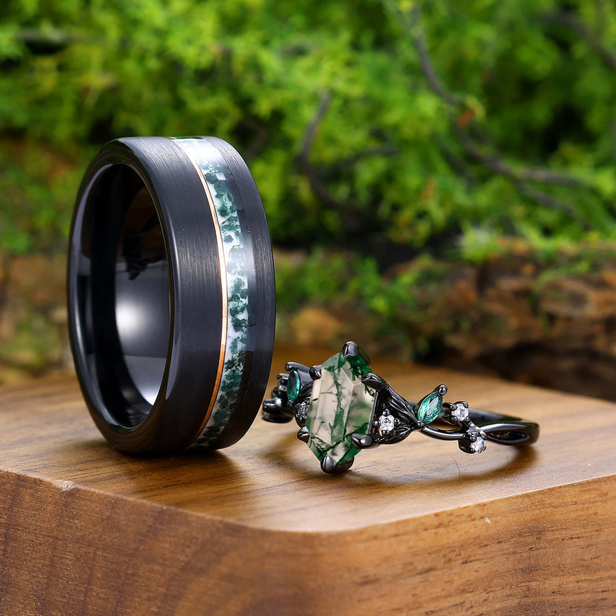 Unique Long Hexagon Moss Agate Leafy Twig Engagement Couple Rings Matching Wire Drawed Tungsten Wedding Band -  Esdomera.com