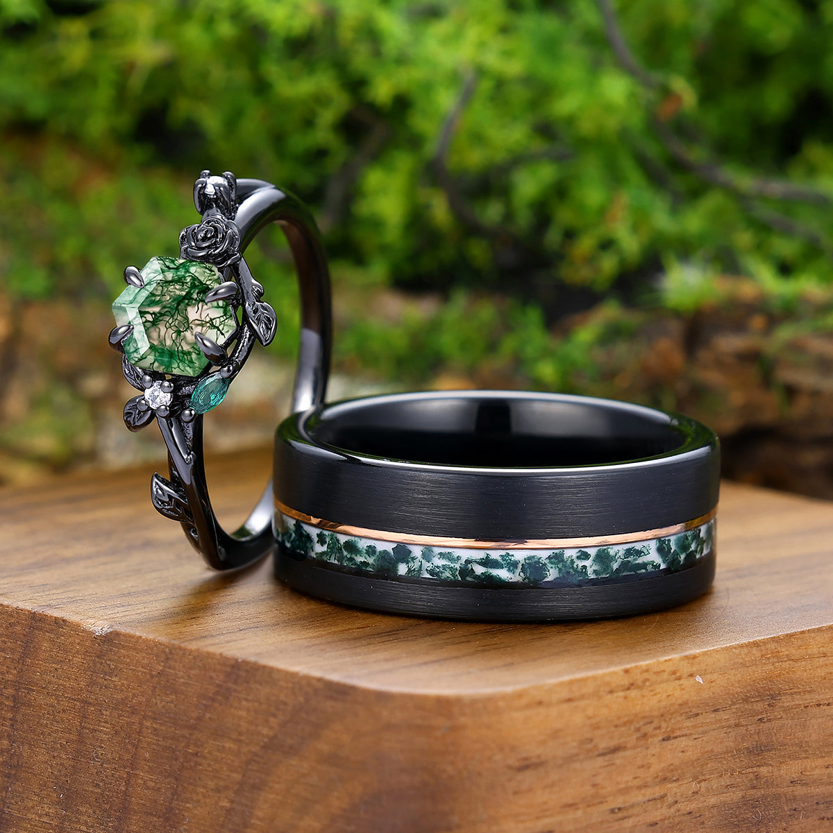 Stylish Moss Agate With Sculpted Roses And Foliage Engagement