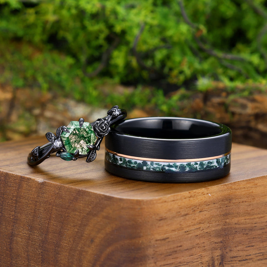 Stylish Moss Agate With Sculpted Roses And Foliage Engagement Couple Rings S925 And Tungsten Matching Ring -  Esdomera.com