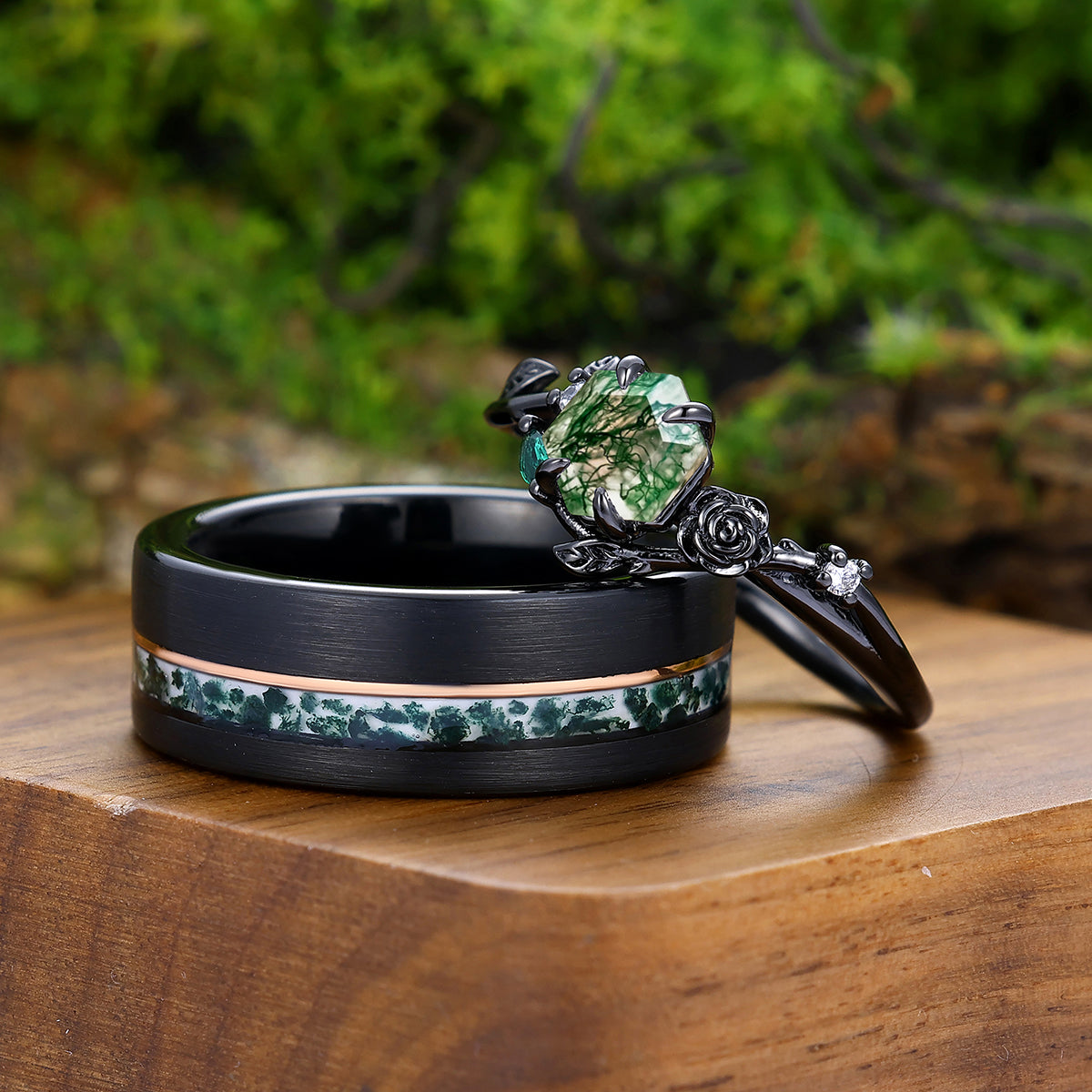 Stylish Moss Agate With Sculpted Roses And Foliage Engagement