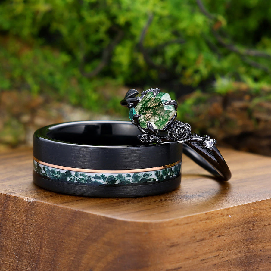 Stylish Moss Agate With Sculpted Roses And Foliage Engagement Couple Rings S925 And Tungsten Matching Ring -  Esdomera.com