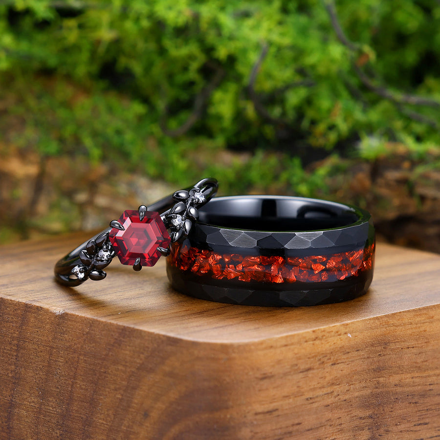 Natural Red Garnet Wheat Design Engagement Couple Rings 925 Sterling Silver And Tungsten Black Plated Rings -  Esdomera.com