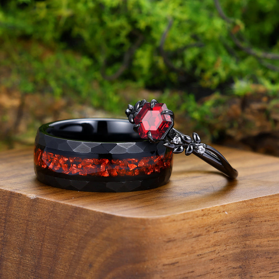 Natural Red Garnet Wheat Design Engagement Couple Rings 925 Sterling Silver And Tungsten Black Plated Rings -  Esdomera.com