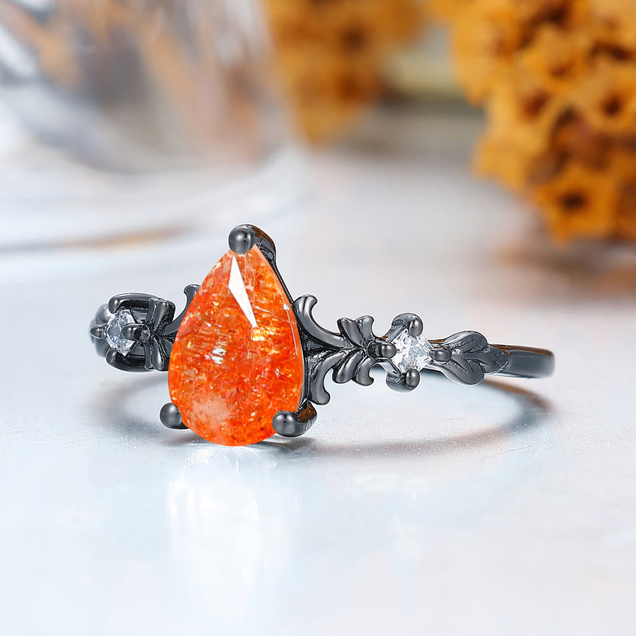 Fiery Orange Gemstone Leafy Design Pear Cut Natural Sunstone Cluster Engagement Ring For Women Gift