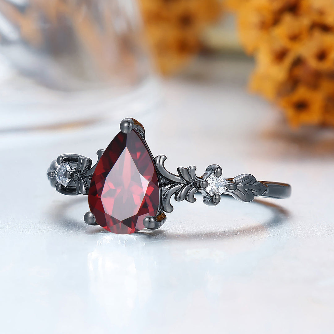 Dainty Pear Cut  Red Garnet Vines Engagement Ring Prongs Setting Promise Anniversary Bridal Ring