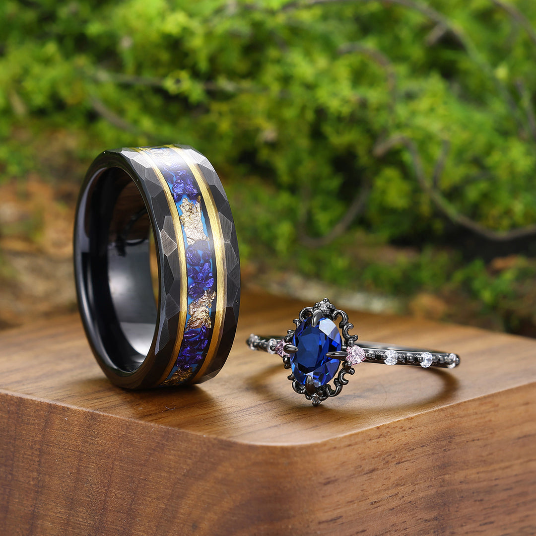 Artsy Blue Sapphire Filigreed Engagement Couple Rings Promise Matching His And Hers Wedding Bands