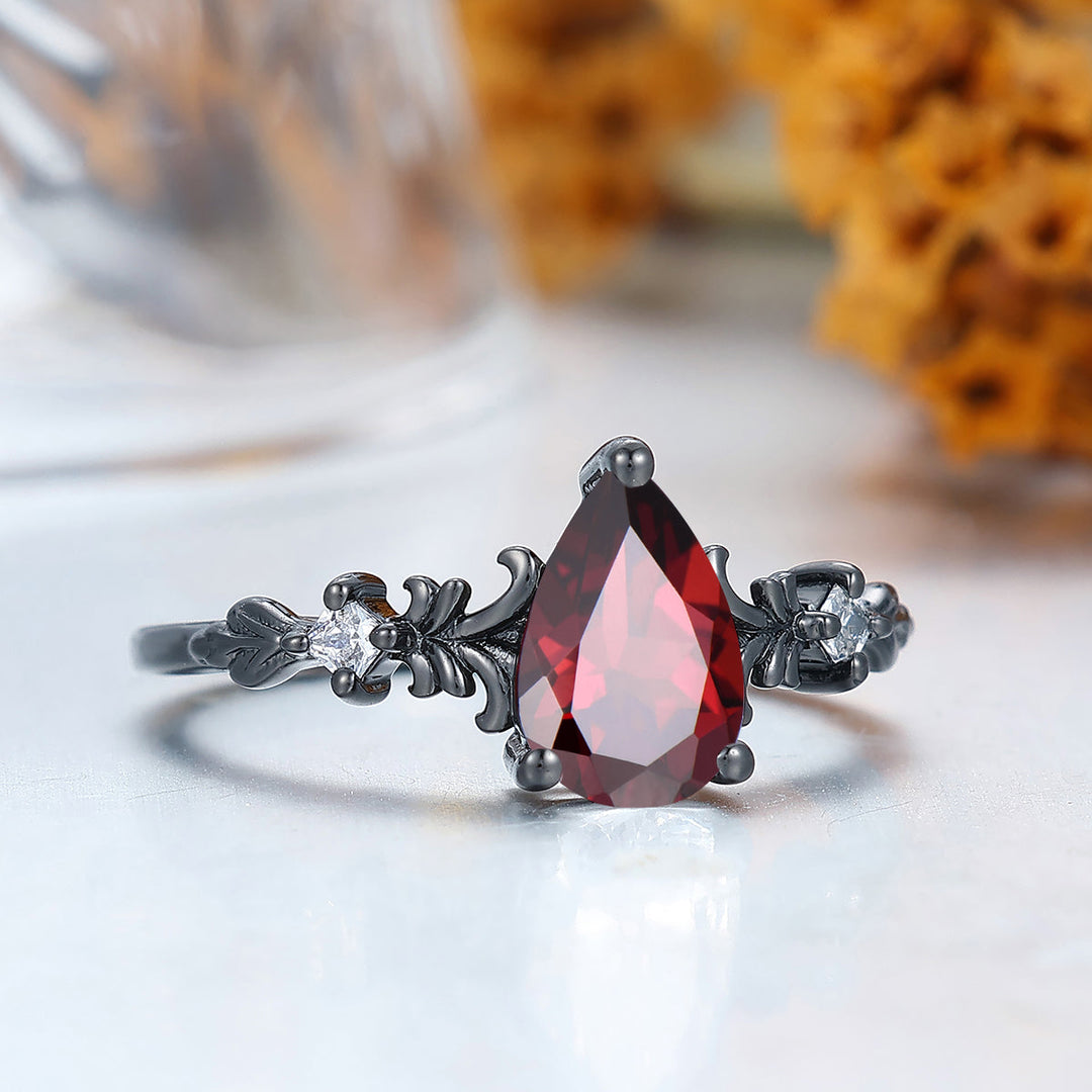 Dainty Pear Cut  Red Garnet Vines Engagement Ring Prongs Setting Promise Anniversary Bridal Ring