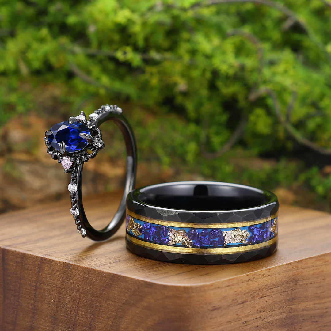 Artsy Blue Sapphire Filigreed Engagement Couple Rings Promise Matching His And Hers Wedding Bands