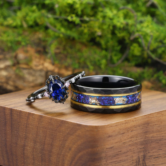 Artsy Blue Sapphire Filigreed Engagement Couple Rings Promise Matching His And Hers Wedding Bands