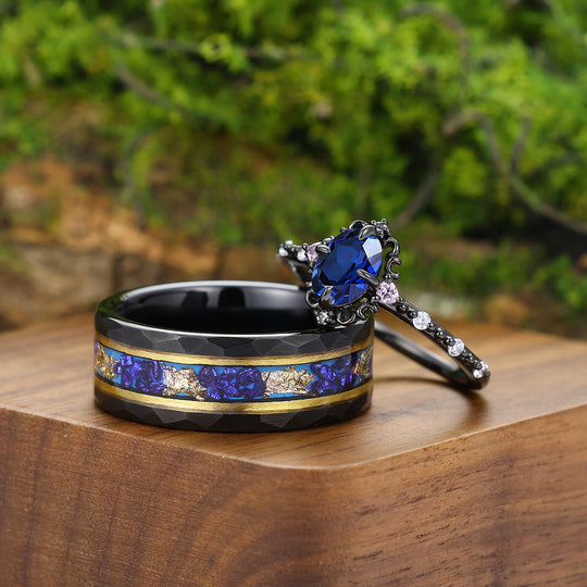 Artsy Blue Sapphire Filigreed Engagement Couple Rings Promise Matching His And Hers Wedding Bands