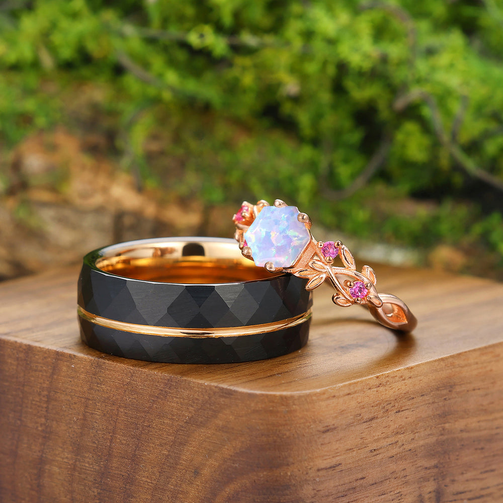 Dreamy Leaves Pink White Opal Engagement Couple Rings Stylish Matching Tungsten His And Hers Wedding Bands