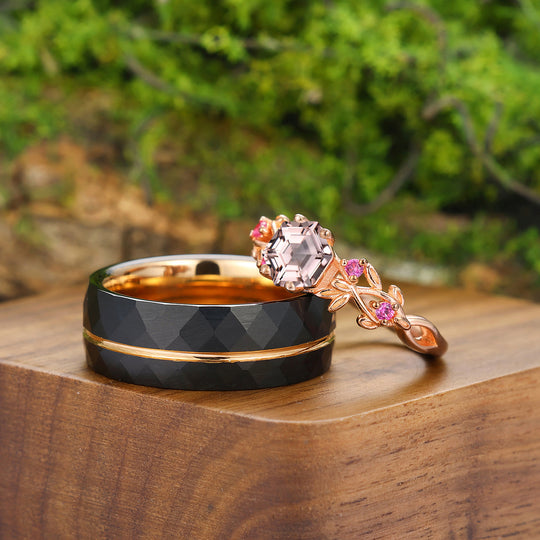 Dainty Branches Pink Morganite Engagement Couple Rings Stylish Matching Tungsten His And Hers Marriage Bands