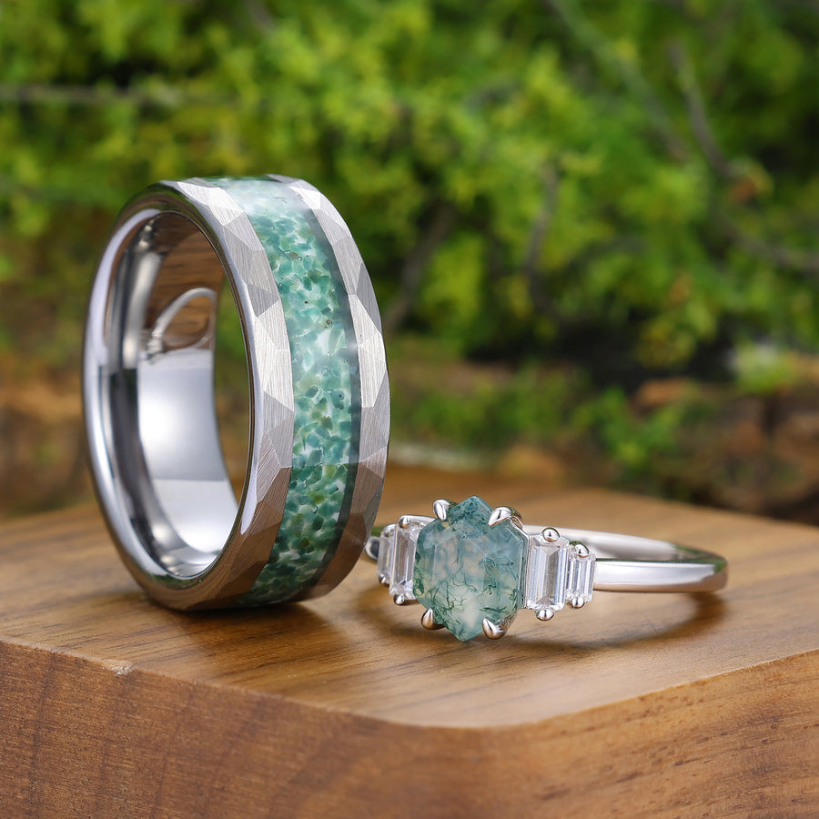 Delicate Prong Setting Long Hexagon Cut Moss Agate Couples Ring Unique Matching Rings Set