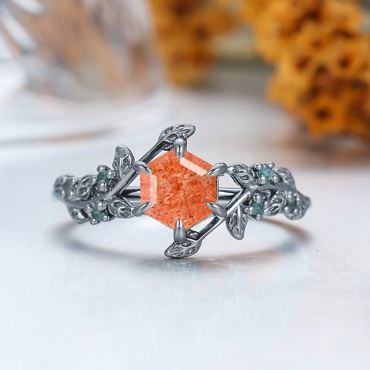 0.85CT Hexagon Cut Leaf Natural Sunstone Engagement Ring Moss 0.85CT Hexagon Cut Leaf Natural Sunstone Engagement Ring Moss