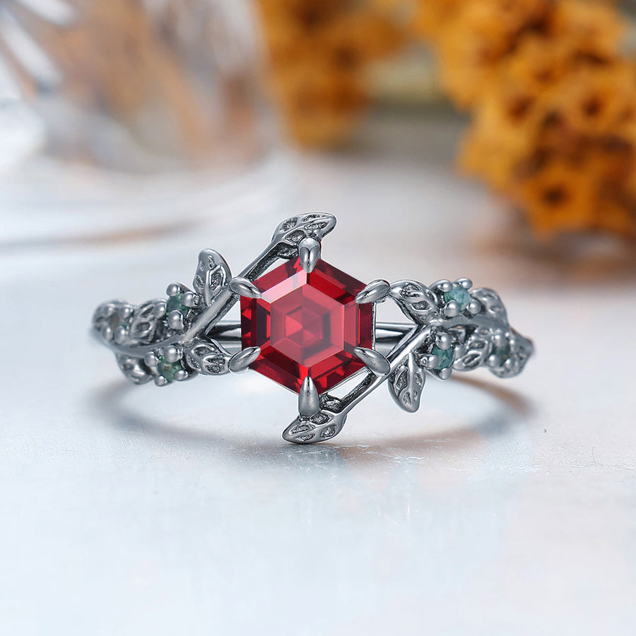 Leaf Design 14k Black Gold Inspiration Hexagon Cut Natural Moss Agate Engagement Leaf Shape Ring For Anniversary Gift -  Esdomera.com