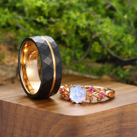 Dreamy Leaves Pink White Opal Engagement Couple Rings Stylish Matching Tungsten His And Hers Wedding Bands