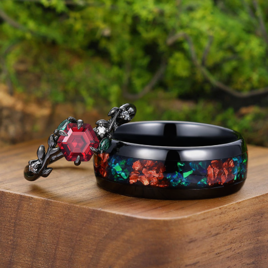 Natural Red Garnet Leaves Engagement Couple Rings Matching Promise Green And Red Tungsten Wedding Band.