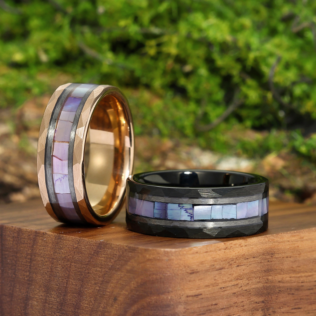 Unique 8mm Shell Tungsten Couple Rings Black Rose Gold Matching Wedding Bands