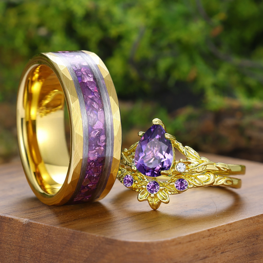 Leaf Inspired Pear Cut Amethyst Couple Rings Gold-plated His And Hers Matching Rings