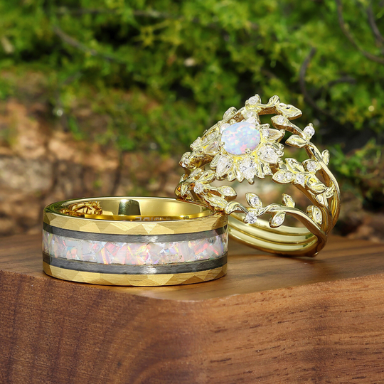 Blooming Sunflowers Pink White Opal Engagement Couples Rings Set His And Hers Promise Marriage Rings