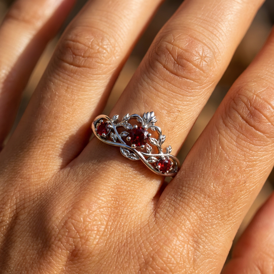 Vintage Botanical Three-Stone Garnet Engagement Ring