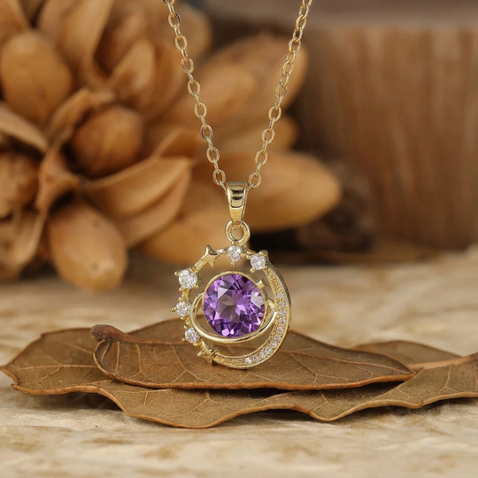 925 Silver Dainty Round Natural  Amethyst Moon and Stars Pendant Necklace 14K Gold Neckalce