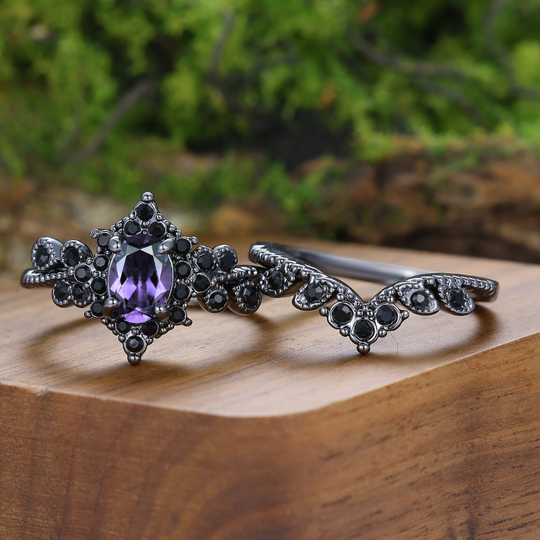 Gothic Vintage Style Natural Amethyst Milgrained His And Hers Rings Black Plated Couple Rings