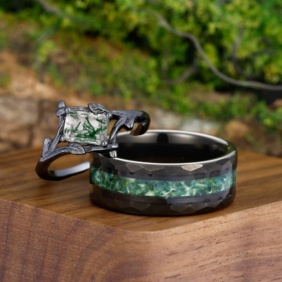 Artistic Leaf Design Emerald Cut Moss Agate Textured Branches Couples Ring Set Tungsten His and Hers Wedding Band His and Hers Wedding Band -  Esdomera.com